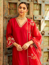 Chanderi Red Kurta with Pants Embroidered Set